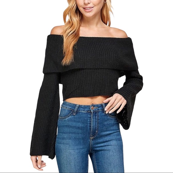 NWT Off Shoulder Cropped Knit Sweater with Bell Sleeves. Size S, M and L - Picture 1 of 7